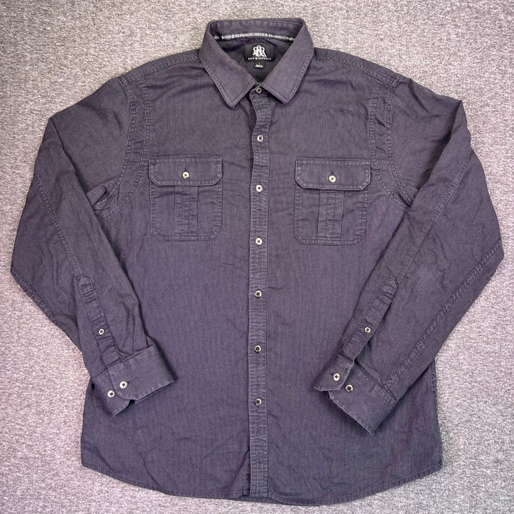 Rock Republic Shirt Mens L Gray Button Up 2 Pocket Casual Roll Tab Sleeve Grunge
